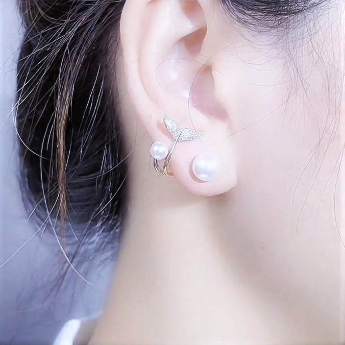 Bông tai bạc hình đuôi cá đính hạt trai nữ tính - Trang sức bạc Evsilver