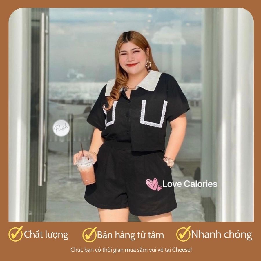 Set bộ áo sơ mi croptop phối cổ quần cộc túi thô đũi dành cho nữ Bigsize