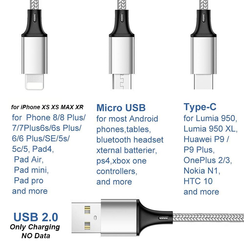 Dây Cáp Sạc Usb Loại C 3 Trong 1 Cho Iphone 8 Plus X Xr Xs Max Samsung S8 Xiaomi 6