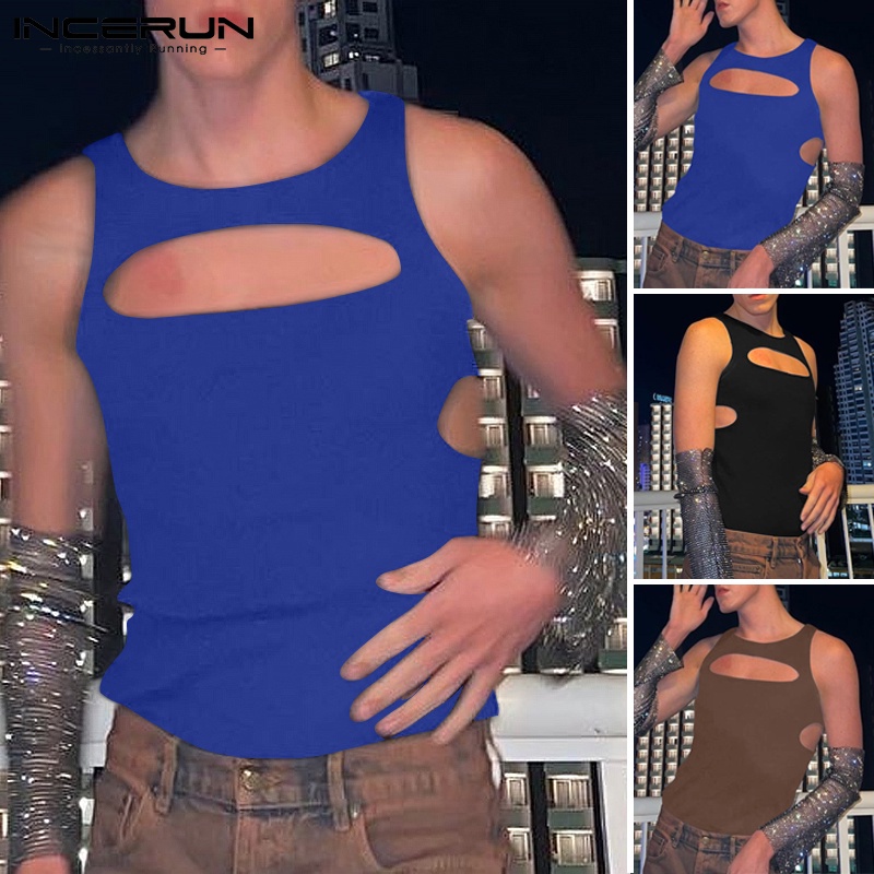 Áo ba lỗ INCERUN không tay dệt rỗng ôm dáng vừa vặn màu trơn cho nam