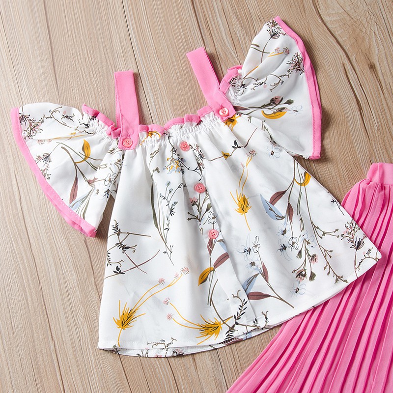 Set áo trễ vai + quần ống rộng họa tiết hoa cho bé gái