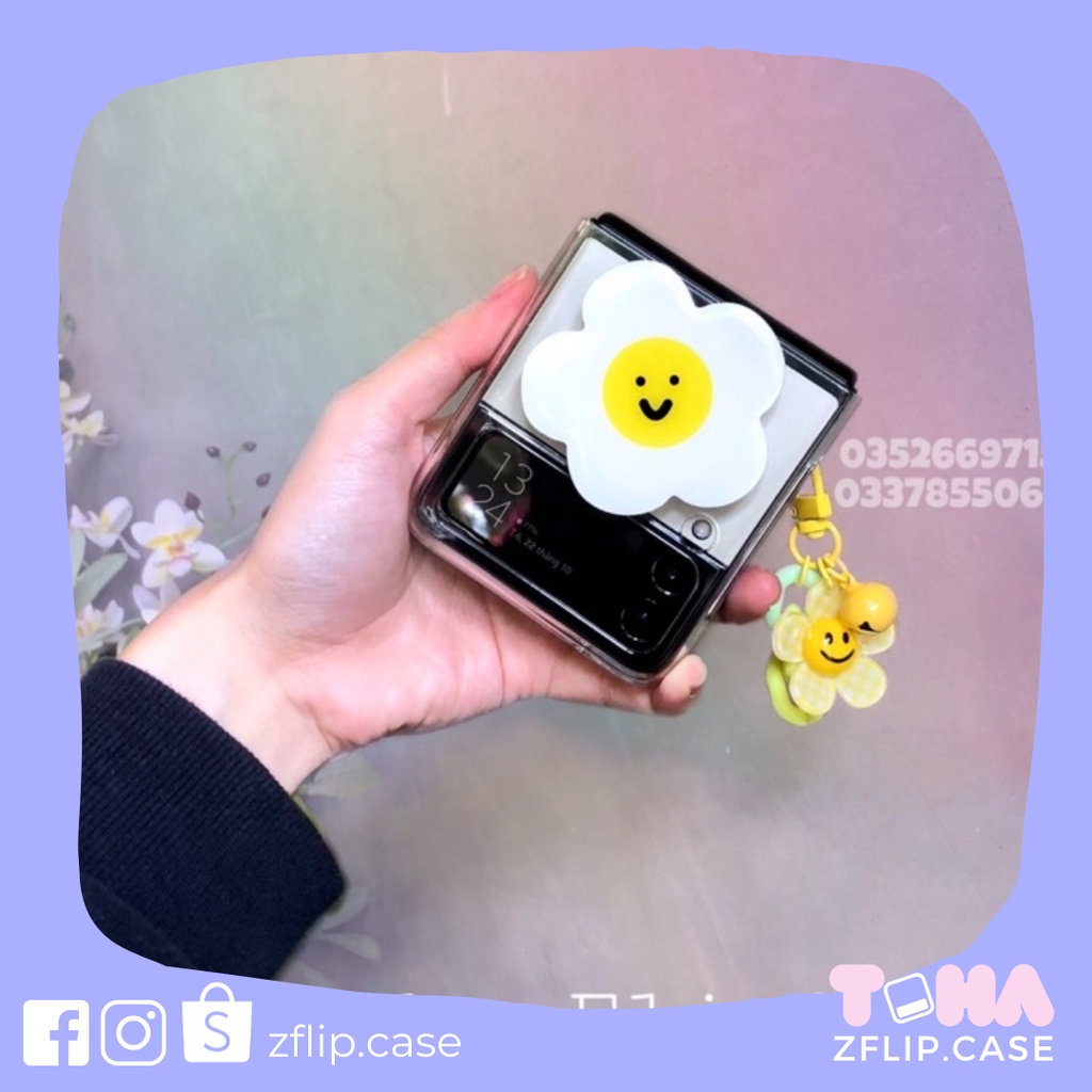 Ốp trong suốt Samsung Z Flip 5/Z Flip 4 / Z Flip 3 popsocket hoa cúc mặt cười, dây móc xinh  Z Flip3 / ZFlip4