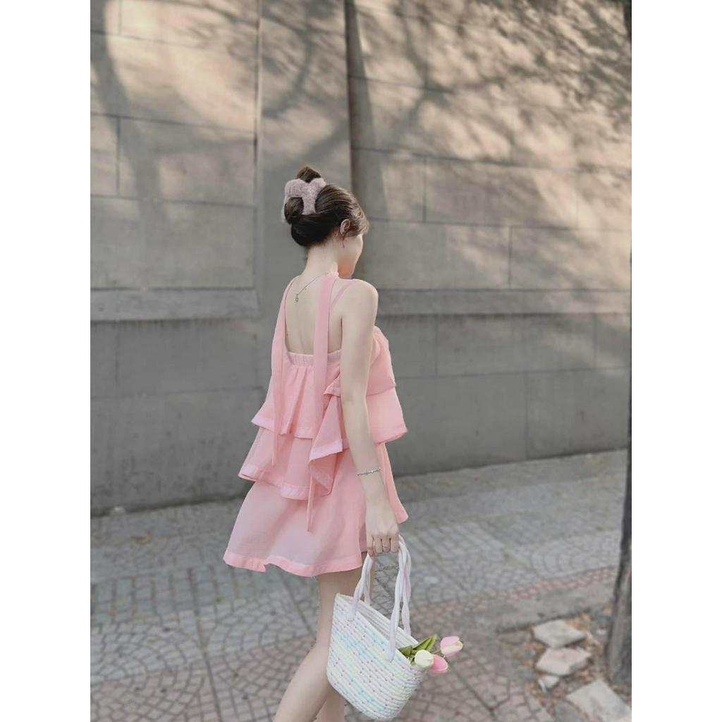 SET ĐẦM BỐNG TẦNG HỒNG CAM BBD BÈO TẦNG + QUẦN SHORT KEM CAM (TH)