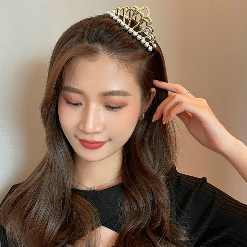 Kẹp Tóc Kim Loại Hình Vương Miện Đính Ngọc Trai Nhân Tạo Thời Trang
