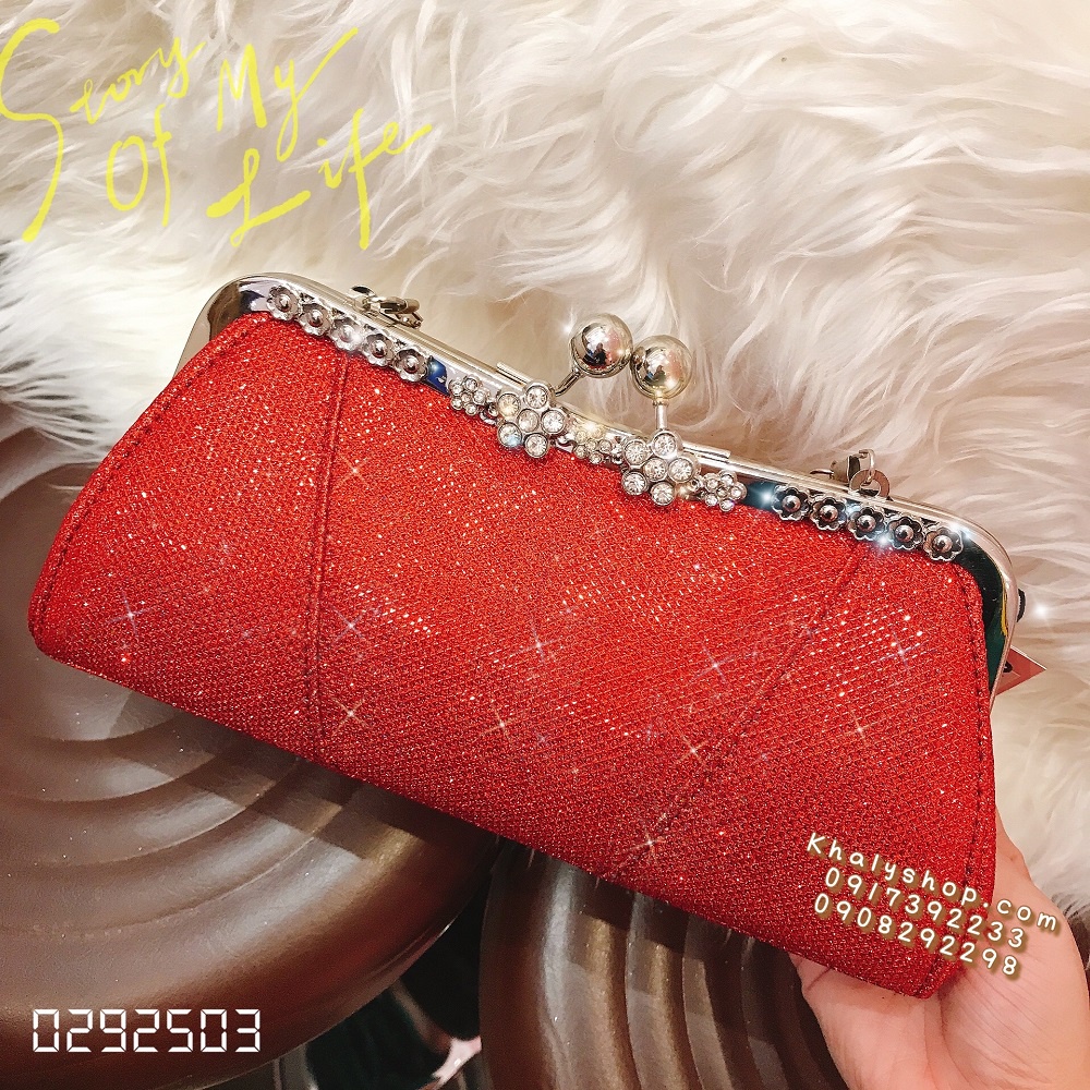 Bóp đầm clutch dạ hội dự tiệc đeo chéo xách tay màu đỏ kim tuyến lấp lánh cho bạn nữ