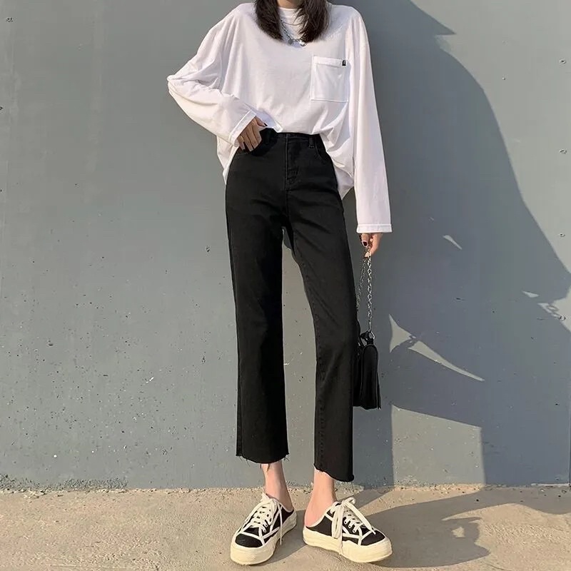 Quần Jeans Nữ Ống Đứng Màu Đen Cạp Cao Chất Jean Co Dãn Đàn Hồi Dài 9 Tấc Hách Đùi Thon Lên Dáng Năng Động Mặc Hàng Ngày
