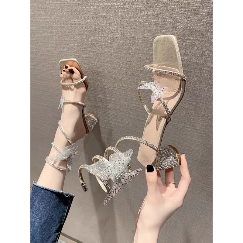 Sandal quấn lò xo ulzzang đính đá mũi vuông cao 6cm