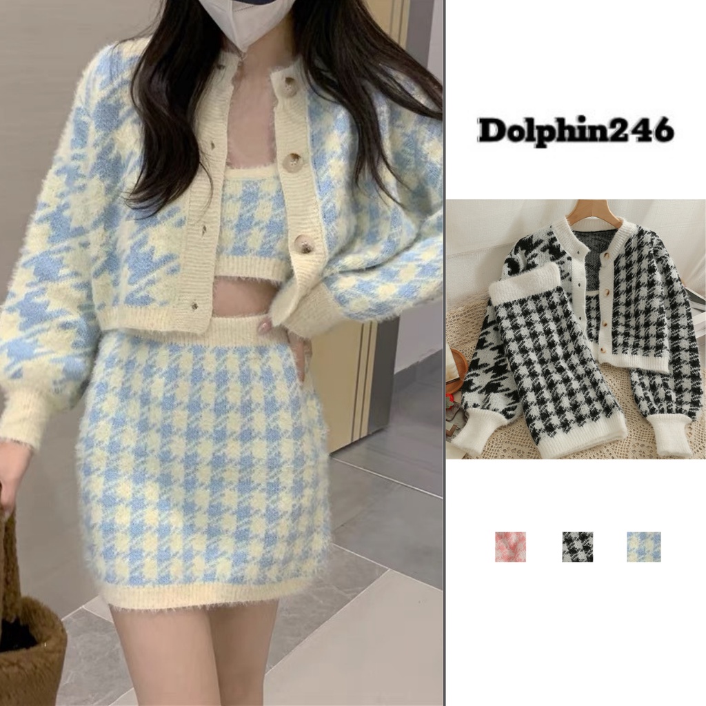 Set váy len nữ croptop cao cấp cổ tròn kèm chân váy kẻ ô caro sang chảnh phong cách Hàn Quốc M222 H-19.1