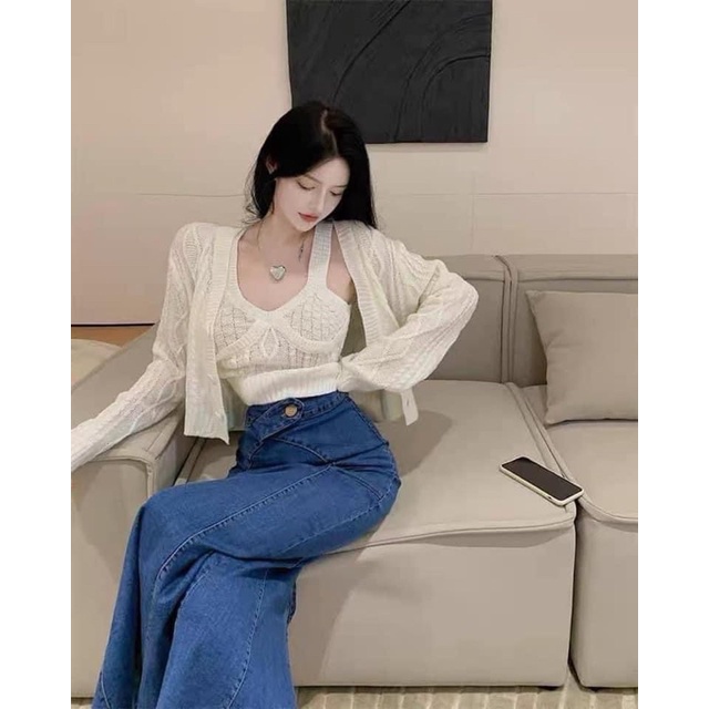 Oder set váy jean dáng dài xoè + áo len 2 dây khoác ngoài quá xinh
