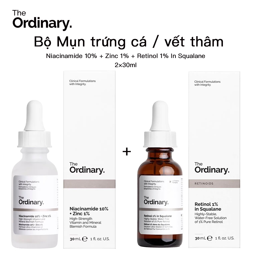 The Ordinary Bộ Giảm Nếp Nhăn / Ngăn Lão Hóa Da - Niacinamide 10% + Kẽm 1% / Retinol 1% In Squalane - 2x30ml (Có Bán Lẻ)
