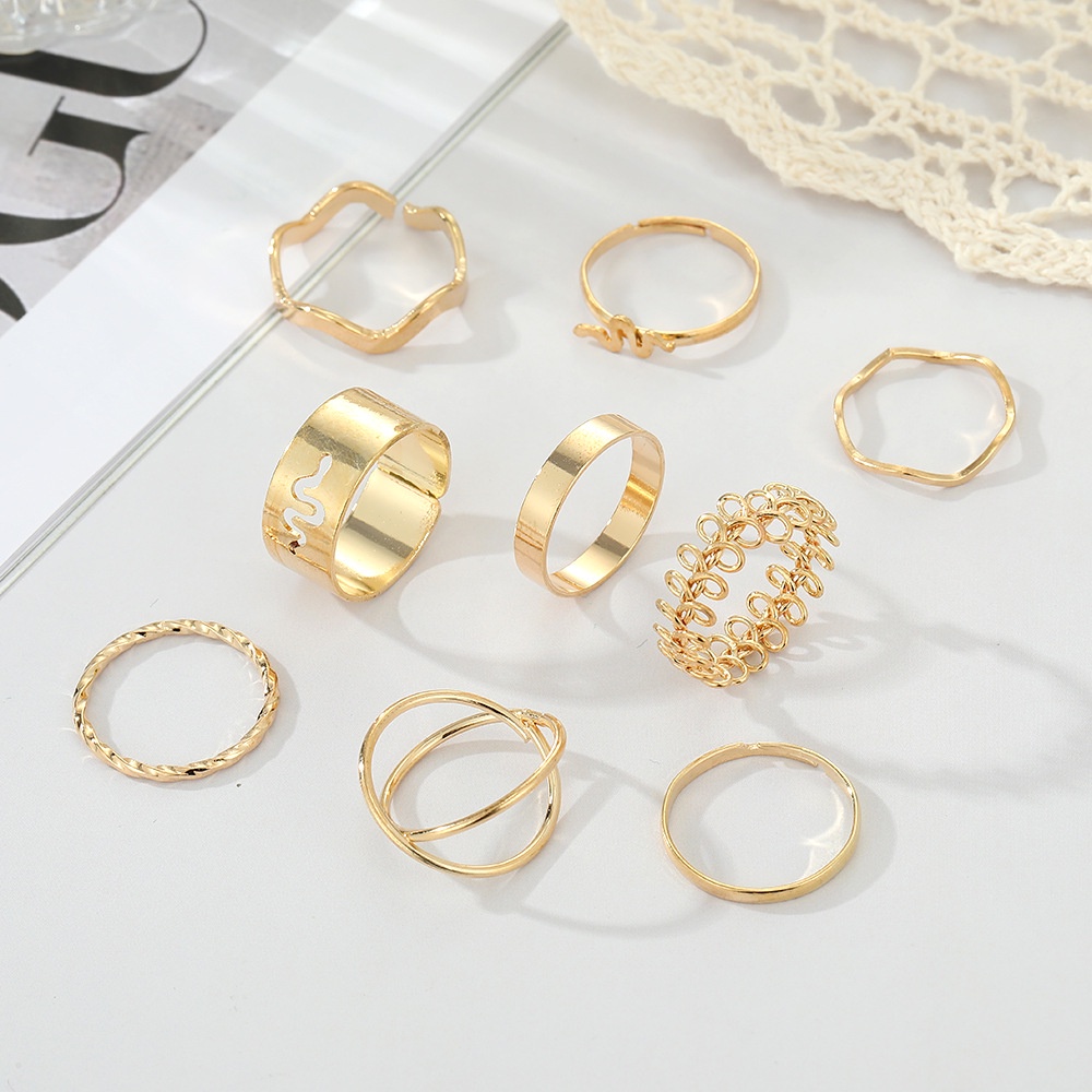Set 9 Nhẫn Kim Loại Hoạ Tiết Hình Học/Rắn Sóng