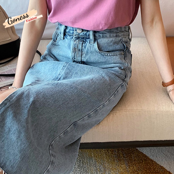 Chân váy Jean denim Goness thiết kế midi dài xẻ tà lưng cao dáng chữ A cạp cao thời trang