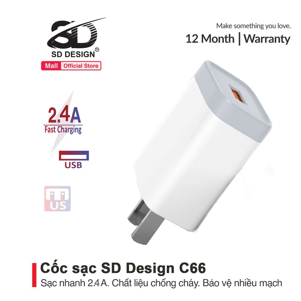 Củ sạc SD DESIGN C66 hỗ trợ sạc nhanh an toàn cho IPPin Dự Phòng Cáp Sạc Tai nghe Bluetooth