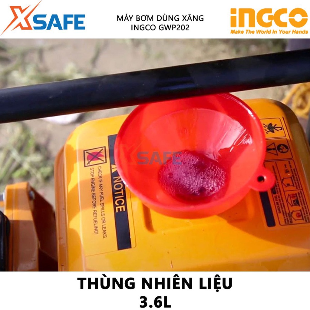 Máy bơm nước dùng xăng INGCO GWP202 Máy bơm nước động cơ xăng 7.0HP, dung tích xi lanh 208cc, bình nhiên liệu 3,6L-XSAFE