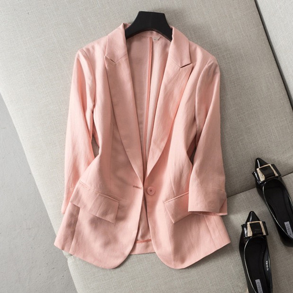 (TỔNG KHO LÂM ANH CHUYÊN SỈ) Áo vest linen nữ ve ngóc tay lỡ 2 túi bổ - Hồng phấn