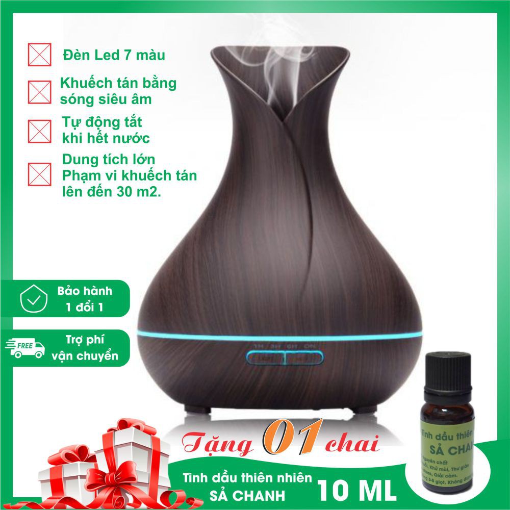 Máy khuếch tán tinh dầu hình hoa Tulip, dung tích 400ml, có đèn led đổi màu, tặng kèm chai tinh dầu sả chanh 10 ml