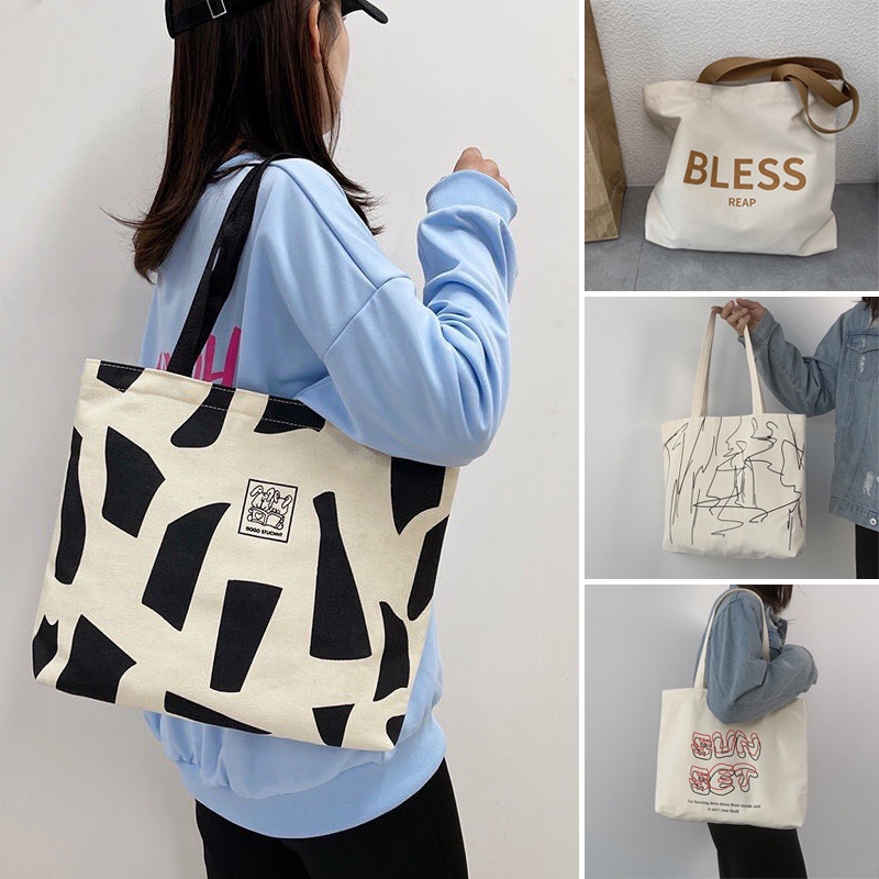 Túi tote túi vải canvas mềm phong cách Hàn Quốc có khóa miệng ngăn phụ bên trong họa tiết chữ đơn giản đi chơi đẹp T1005