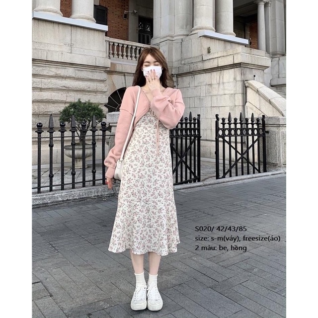 Set váy hoa nhí vintage dáng dài style Hàn quốc + khoác len Cardigan croptop dây buộc nơ cổ, tay phồng xinh xắn