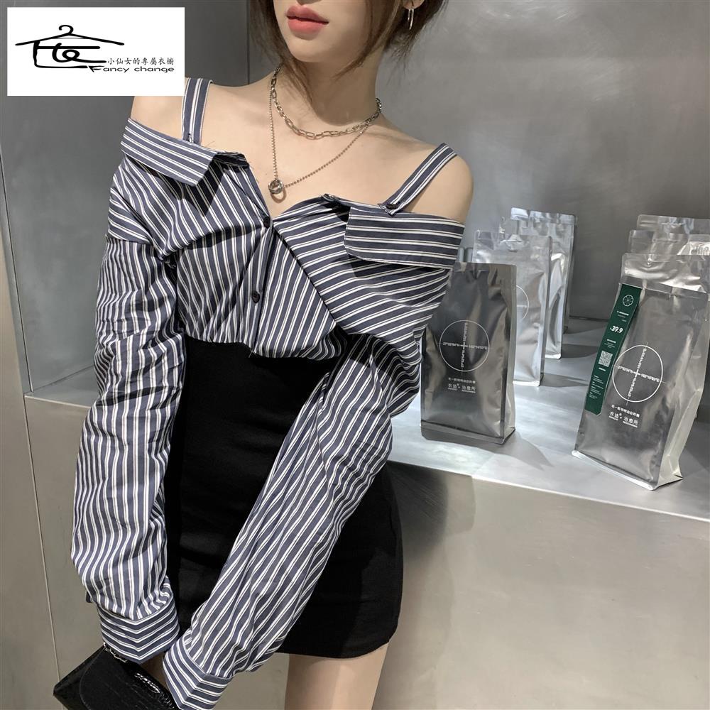 One Đầm Sơ Mi Nữ Tay Dài Kẻ Sọc Giả Hai Lớp Thời Trang