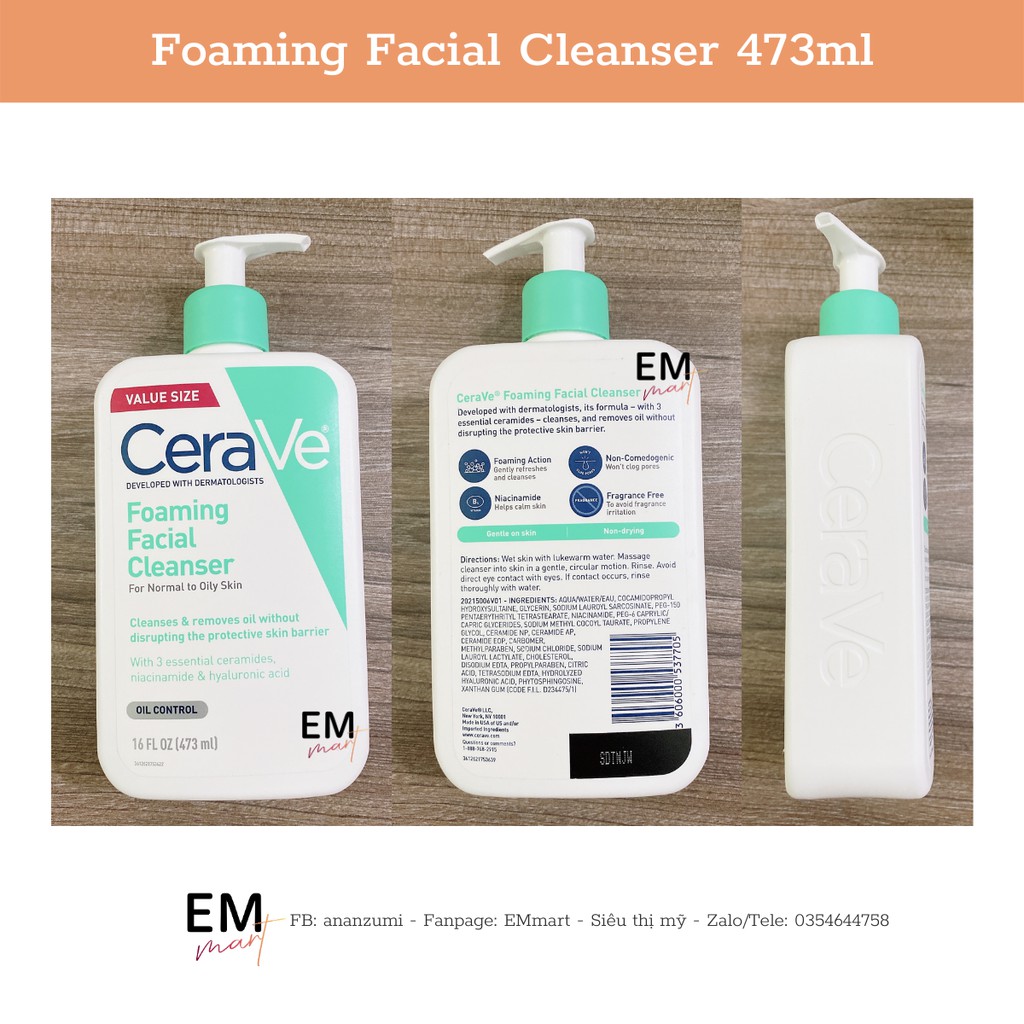 [Bản Mỹ và Pháp] Sữa rửa mặt Cerave Foaming Cleanser, Cerave Hydrating Facial Cleanser, Cerave SA Smoothing Cleanser