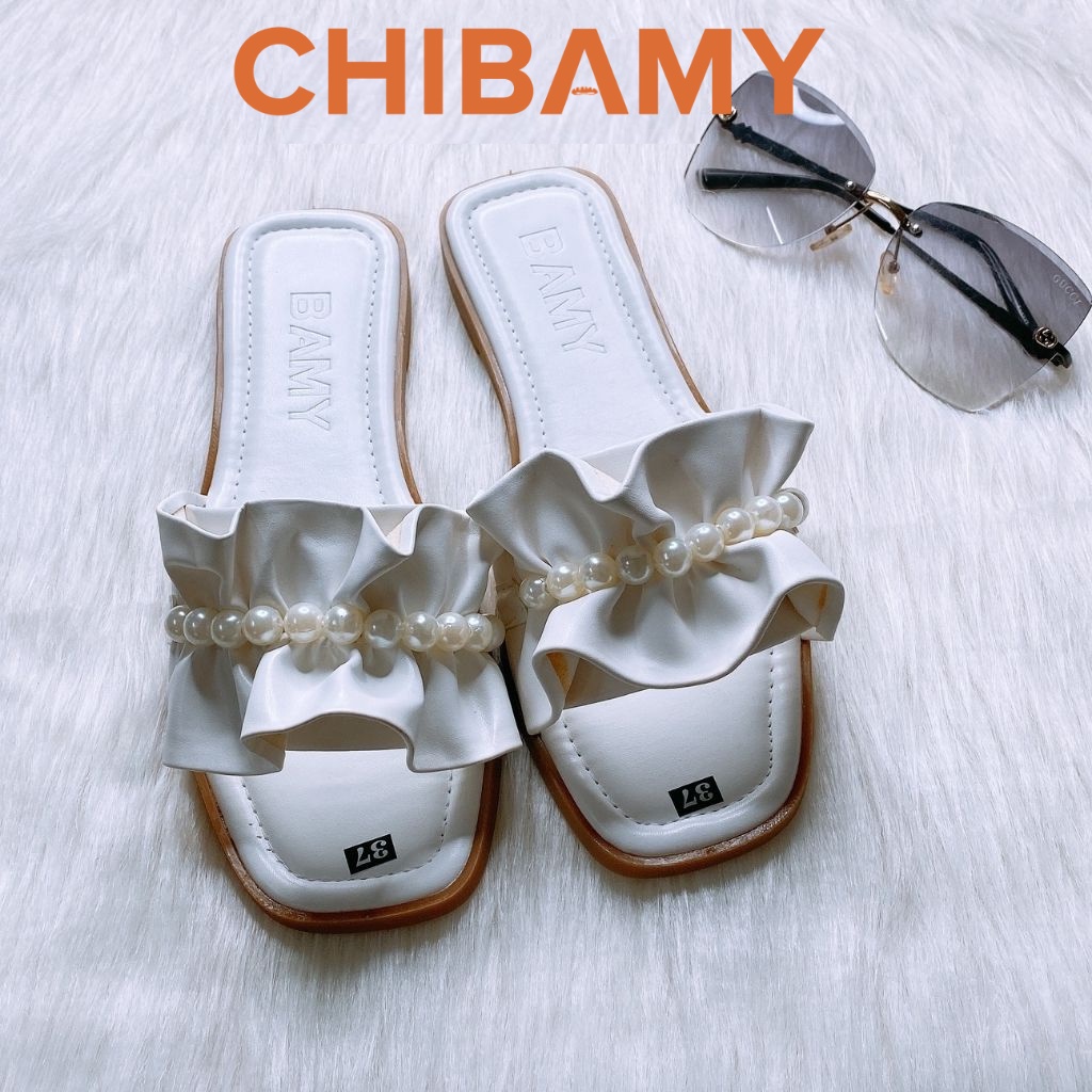 Dép lê nữ nhún nơ bèo đính ngọc châu, dép ulzzang phong cách tiểu thư