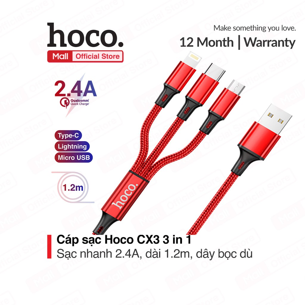 Cáp sạc Hoco CX3 3 in 1 ( Lightning/Micro/Type-C ) sạc nhanh 2.4A, dài 1.2m dây bọc dù chống đứt