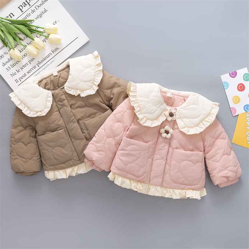 Áo Khoác Cotton Dày Ngắn Cổ Búp Bê Viền Bèo Dễ Thương Giữ Ấm Mùa Đông Cho Bé Gái