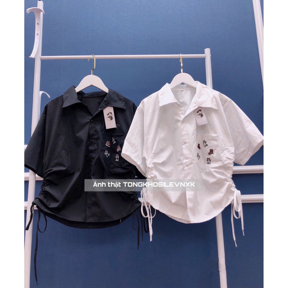 Sp sẵn - KOREA ÁO SƠ MI TRẮNG RÚT 2 BÊN HÔNG NỮ - Áo croptop sơ mi dây rút eo KOS Đen Trắng Túi Ngực Hình Thỏ Cat Cute