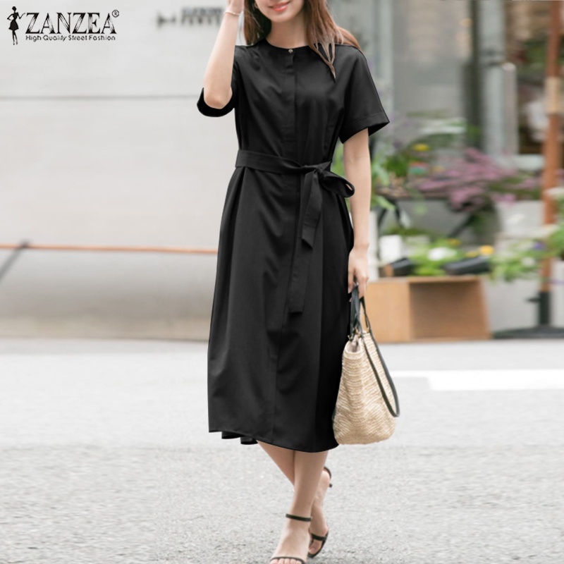 Đầm dài ZANZEA cổ tròn tay ngắn màu trơn phối túi thời trang tùy chọn màu sắc cho nữ