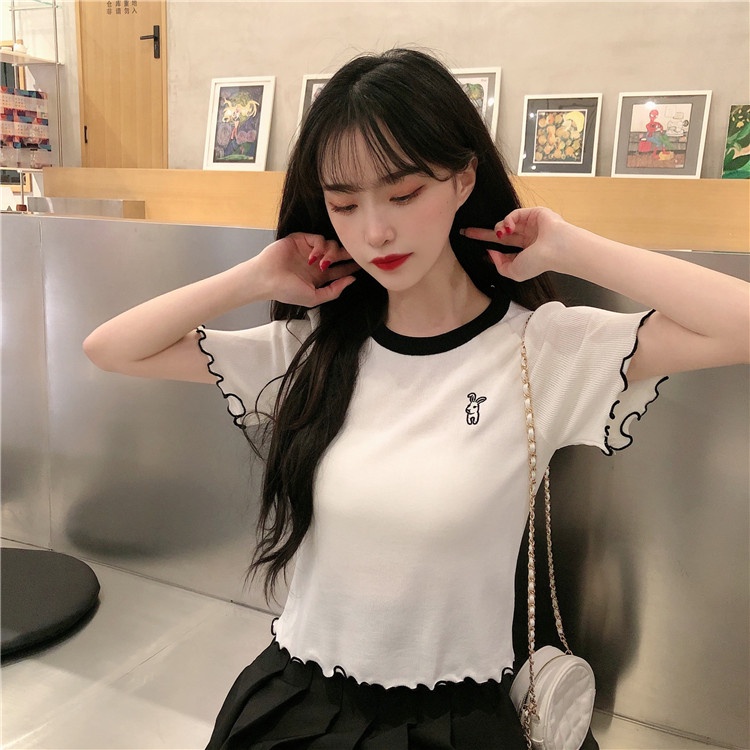 Áo thun nữ ZHELIHANGFEI tay ngắn vải lụa lạnh phối ren màu sắc tương phản phong cách Hàn Quốc thời trang mùa hè 2022