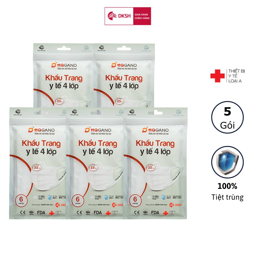 Combo 5 Gói khẩu trang y tế quai thun 4 lớp HQGANO  kháng khuẩn, đạt chuẩn xuất khẩu, không mùi, chất liệu cực mềm mại