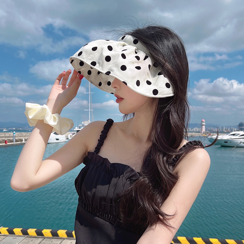 Nón Rộng Vành Hở Đầu Họa Tiết Chấm Bi Có Vành Che Nắng Thời Trang Mùa Hè Cho Nữ