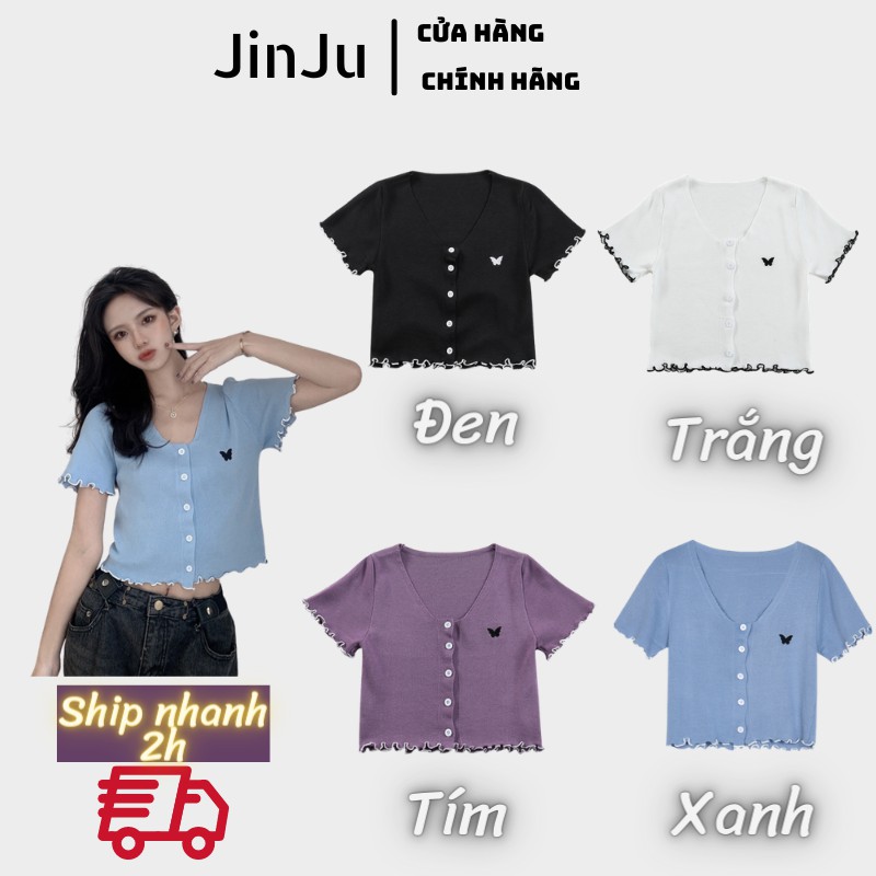 Áo croptop kiểu, áo sơ mi kiểu  tay ngắn dáng ôm co giãn free size cho nữ, chất len tăm cao cấp- JinJu | BigBuy360 - bigbuy360.vn