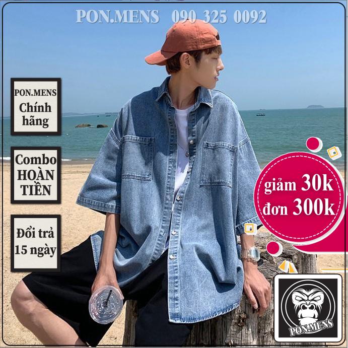 Áo bò nam rộng, áo khoác sơ mi dài tay nam nữ rộng màu xanh phong cách Hàn Quốc w1353 Pon.mens