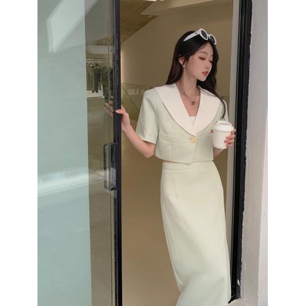 Honypove Set Áo Cổ Thủy Thủ Tay Ngắn + Chân Váy Xẻ Tà Lưng Cao Xẻ Tà Màu Sắc Tương Phản Phong Cách Pháp 2022