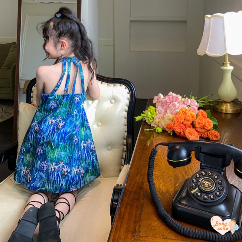 Đầm Công Chúa Hai Dây Eo Phồng In Họa Tiết Hoa Đính Nút Ngọc Trai Dễ Thương Thời Trang Mùa Hè Cho Bé Gái