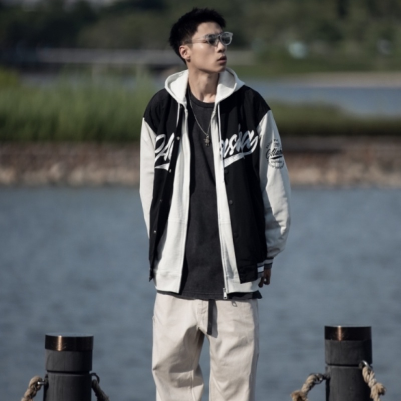 ✦ AFFLIGA ✦Áo khoác bóng chày màu trắng đen in chữ phong cách Hàn Quốc đơn giản thời trang cho cặp đôi size M-3XL