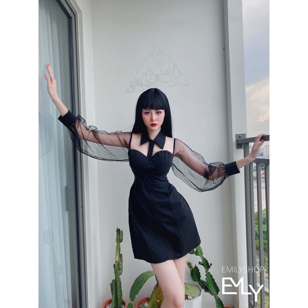 Đầm đen nữ Emilyshop dáng chữ a tay lưới