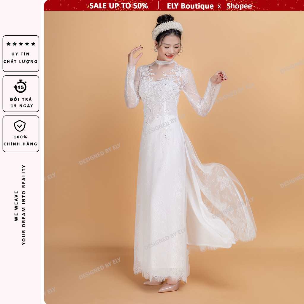 Áo dài cưới truyền thống ELY Boutique đính kết cổ cách điệu, 3 lớp 6 tà ELR08