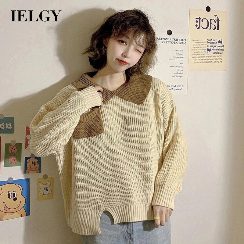 Áo sweater IELGY cổ Polo dáng rộng dài tay phối màu đối lập phong cách Hàn Quốc cho nữ