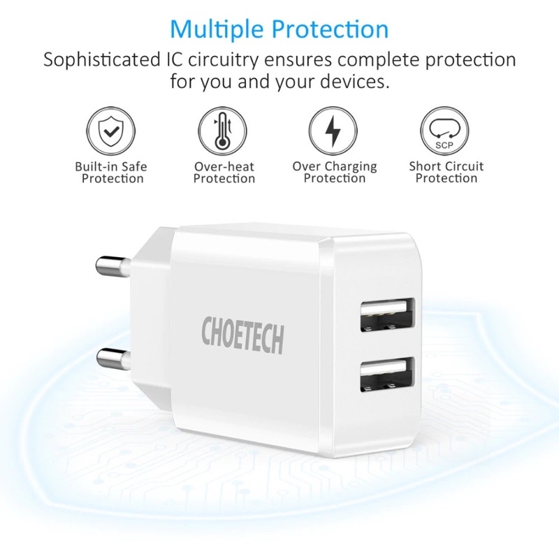 Củ Sạc Nhanh 2 cổng Choetech - Dual Port USB - Cốc Sạc Nhanh 5V-2A