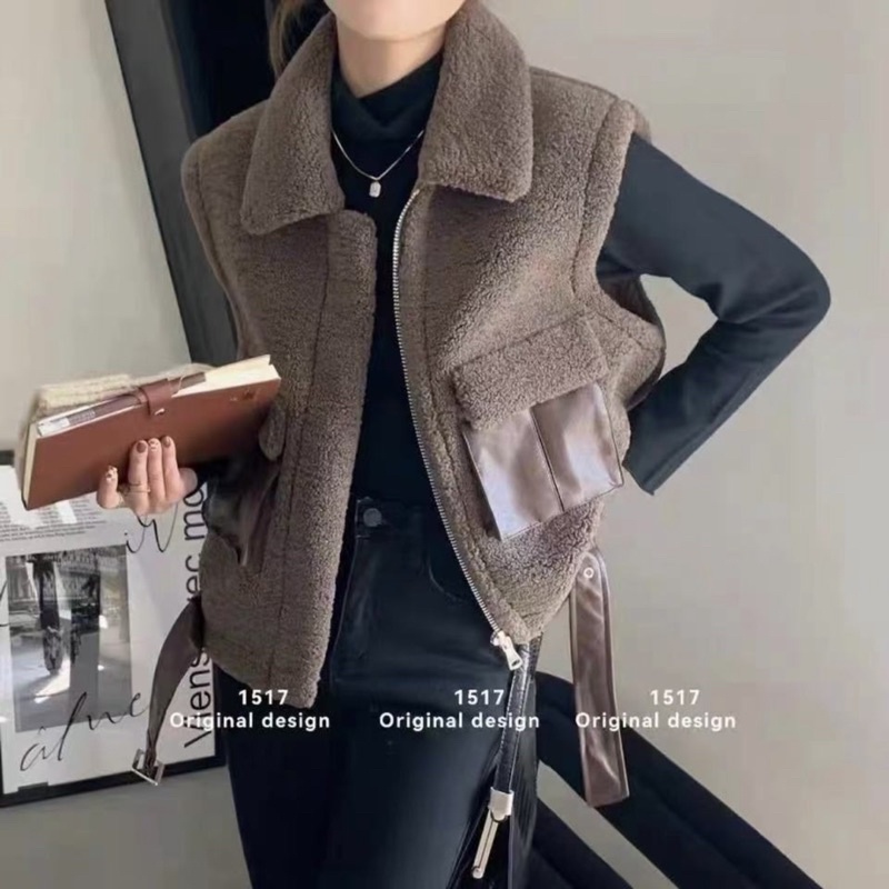 Áo gile lông pha túi da kèm đai da cực ngầu