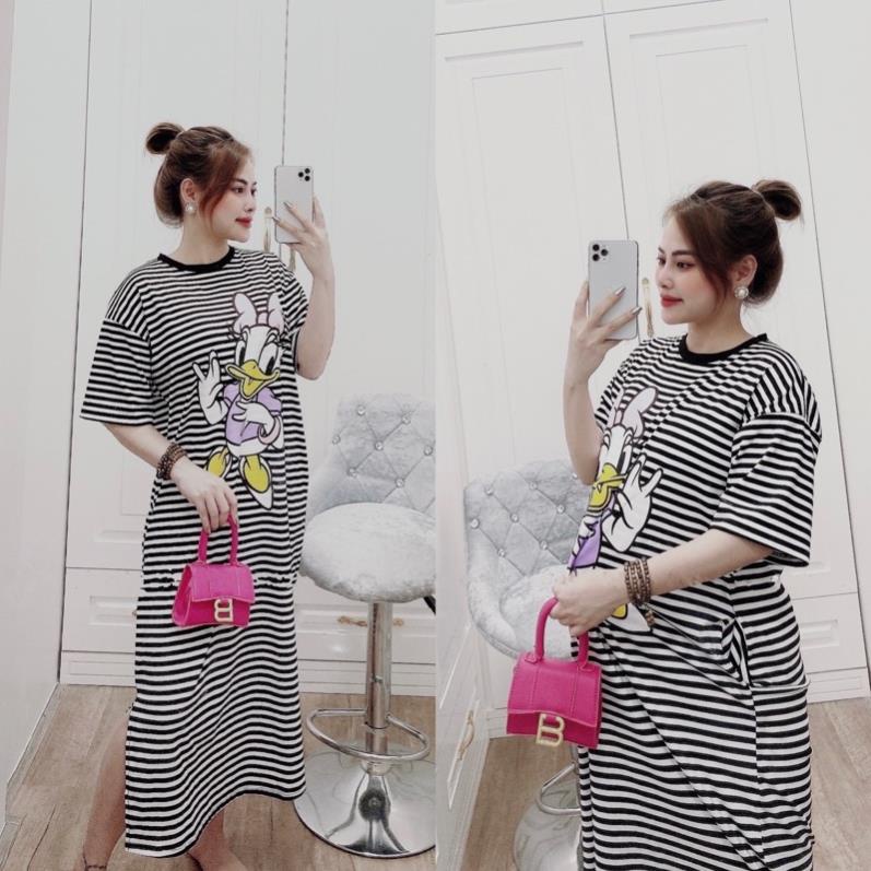 Váy Thun Kẻ In Hình Phom Rộng Dáng Dài Bầu Bí Mặc Thoái Mái