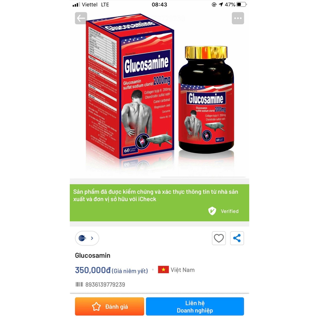Viên xương khớp Glucosamin 2000mg ( hộp 60 viên )