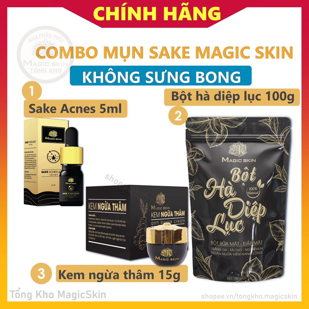 Combo Ngừa mụn KHÔNG SƯNG Magic Skin 3 sản phẩm Sake, Hà Diệp Lục, Ngừa Thâm