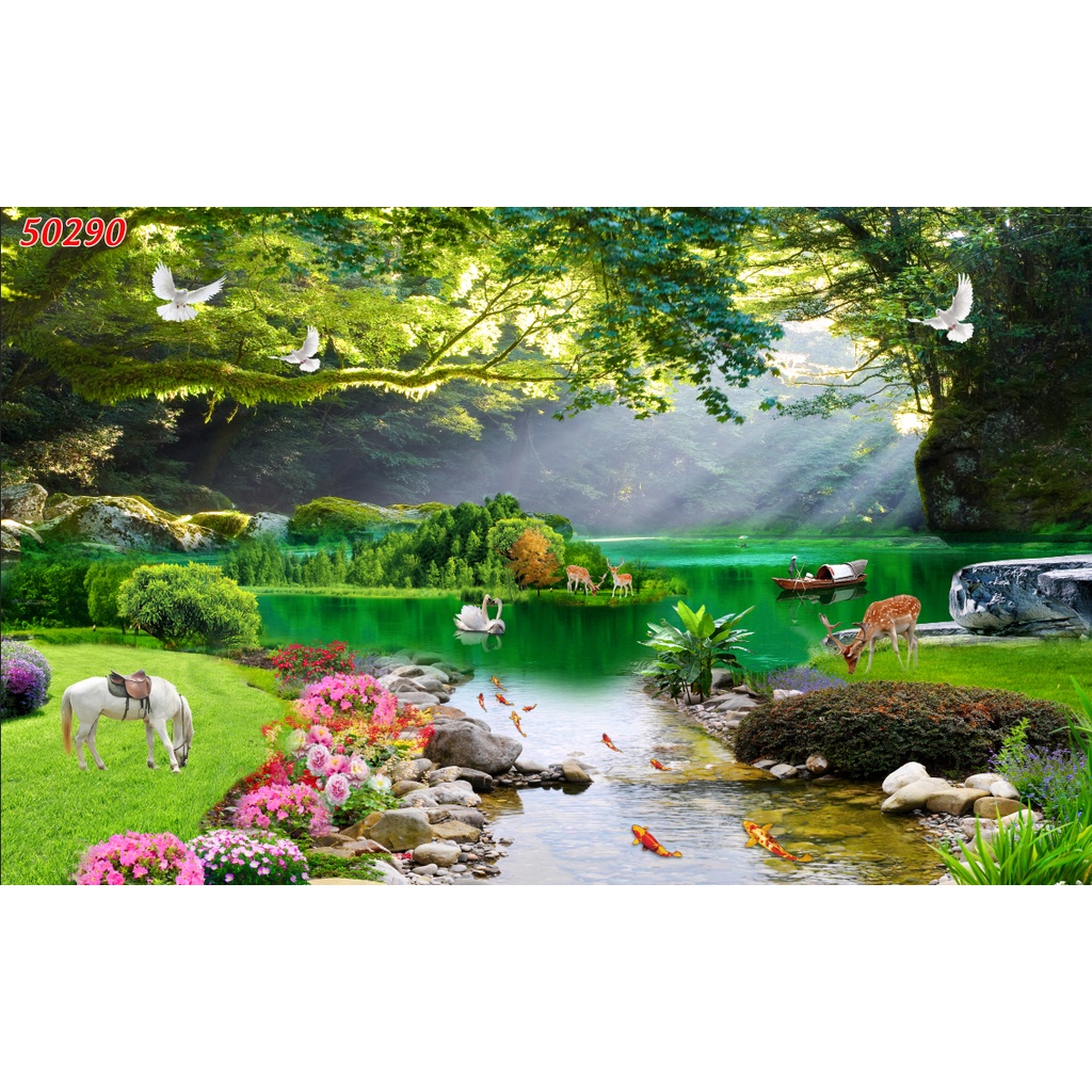 Tranh 3d thác nước chảy rừng cây trong lành