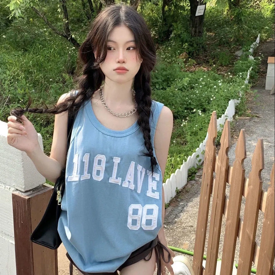 Jiashucheng Áo Thun Ba Lỗ Thể Thao Dáng Rộng In Chữ Phong Cách Hip Hop Mỹ Thời Trang Mùa Hè Cho Cặp Đôi