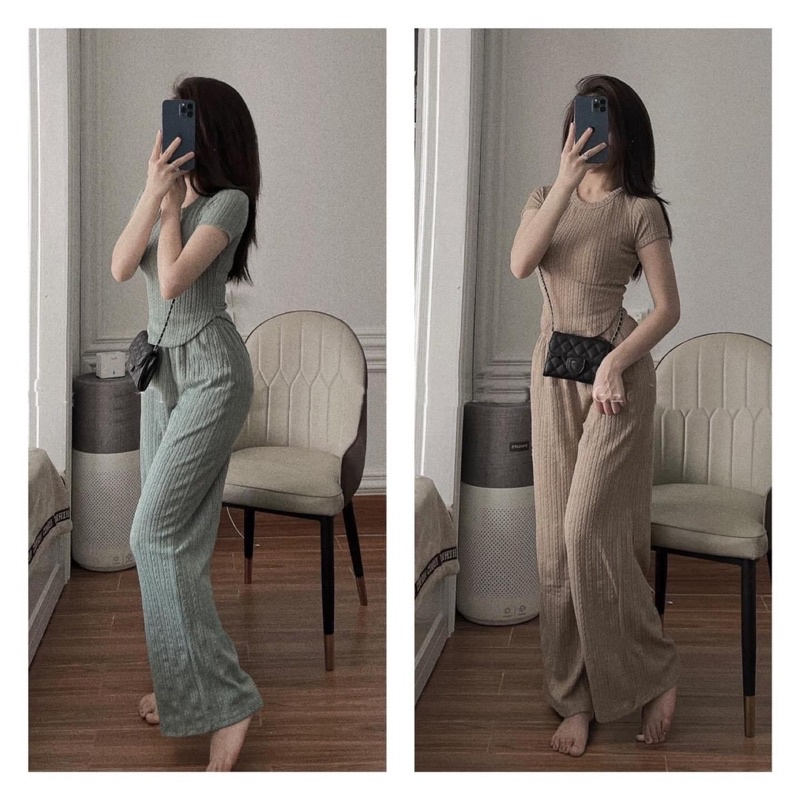 Set bộ quần ống rộng chất thun xương cá áo dạt bầu mã S2, đủ size từ 45-70kg