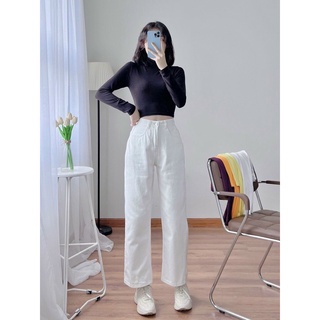 Áo thun trơn croptop nữ tay dài cổ lọ ôm body