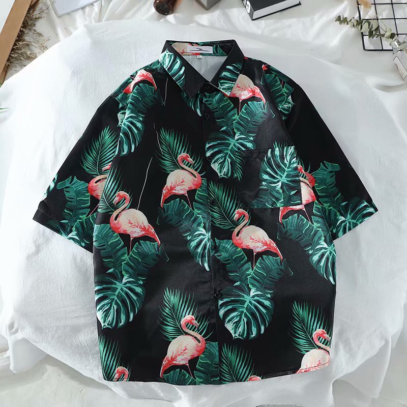 Men's trendy flamingo print short-sleeved shirt | BigBuy360 - bigbuy360.vn